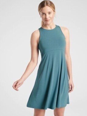 Athleta Santorini Thera Dress Small Teal Sleeveless Swing Travel Dress NWT